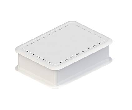 A rectangular, flat, white plastic lid with rounded corners and a stitched edge.