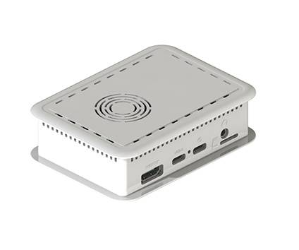 A rectangular, white electronic device with ventilation slots and various ports on the side.