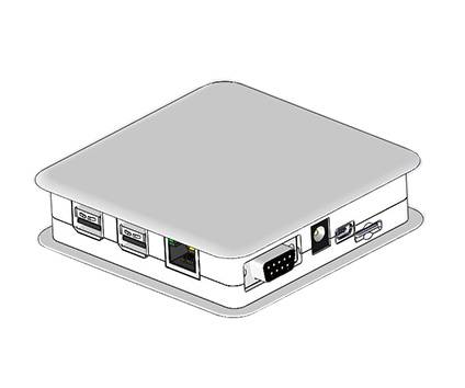 A small, square electronic device with multiple ports, including USB, Ethernet, and serial ports, on a white background.