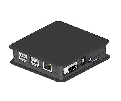 A small, black computer in a case with multiple USB ports, an Ethernet port, a serial port, and a power connection.