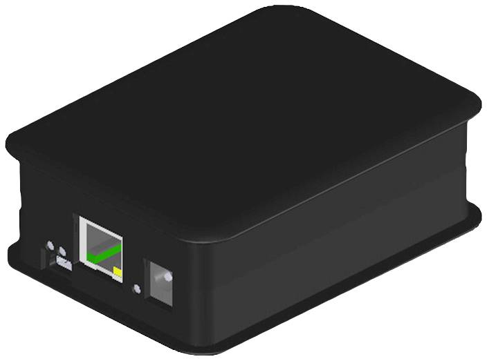 A black electronic device with an Ethernet port and a small light indicator, which is possibly a network device.