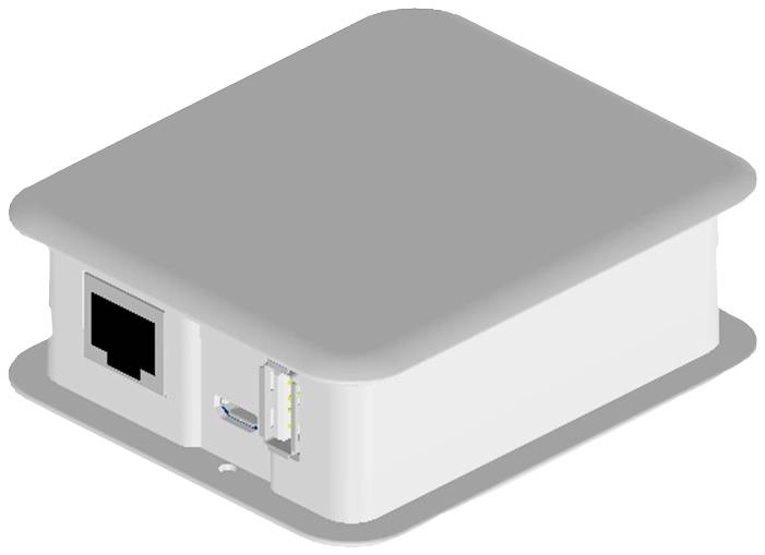Small, grey electronic device with a USB port and an Ethernet port.
