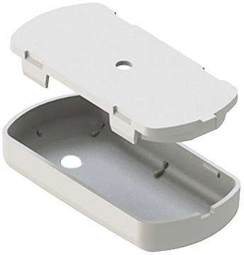 White, rectangular plastic box with a removable lid, shown open. Top and bottom with holes for attachment.