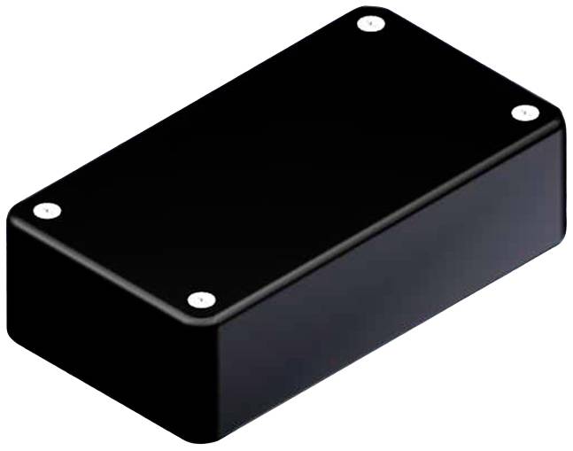 Black, rectangular box with rounded edges and four screws at the corners.