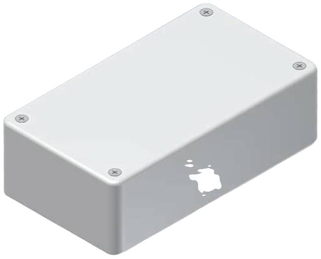 Silver rectangular box with screws at the corners and a blurry, white symbol on the side that looks like an apple.