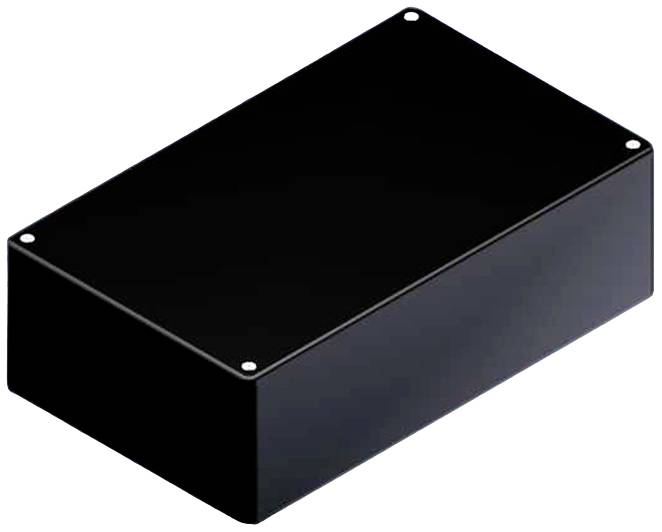 A rectangular, black plastic enclosure with rounded edges, suitable for electronic components.