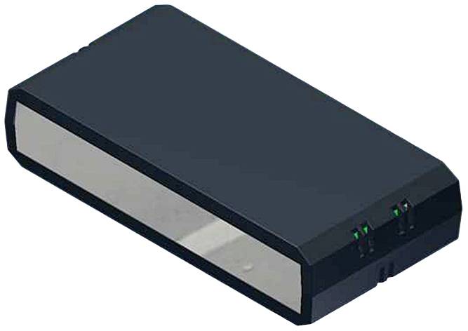 A black, rectangular device with two green lights on one side, possibly an electronic charger or an adaptor.
