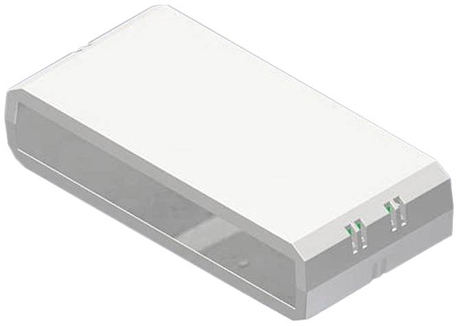 A rectangular, white electronic device with two green lights on the side, possibly a router or modem.