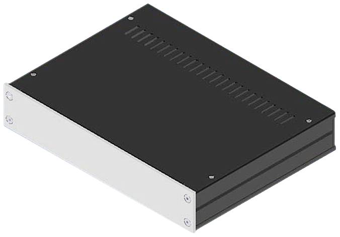 Black rectangular enclosure with silver screws at the corners, used for electronic assembly or as a protective housing.