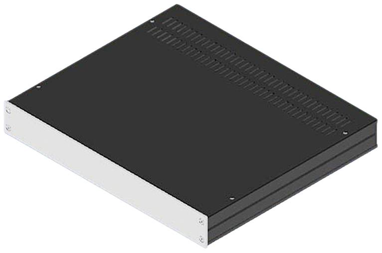 A black metal enclosure with a silver front panel and ventilation slots on the top, designed in a rectangular and flat configuration.
