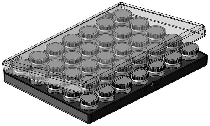 A shallow box with a transparent lid, filled with neatly arranged, round containers that could be used for samples or storage.