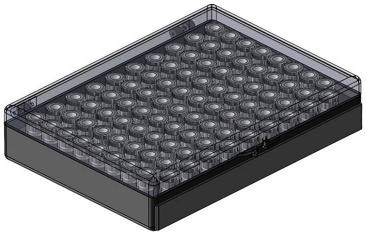 96-well plate for laboratory tests, depicted transparently. Primarily used for collecting and testing samples.