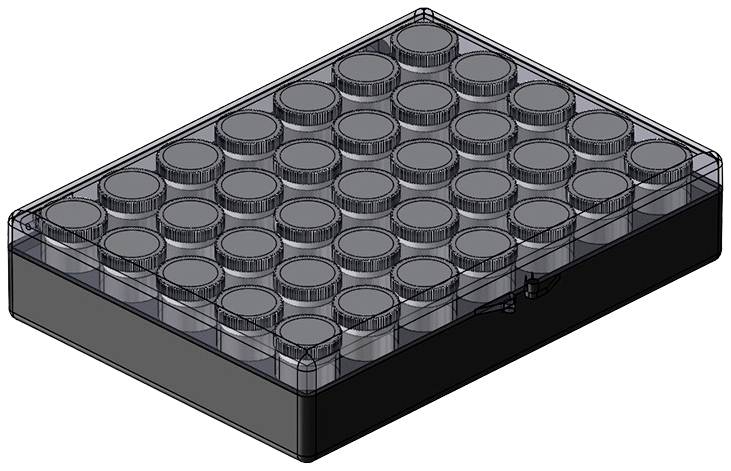 Plastic storage box with a transparent lid, containing 40 circular compartments for storing smaller cylindrical objects.