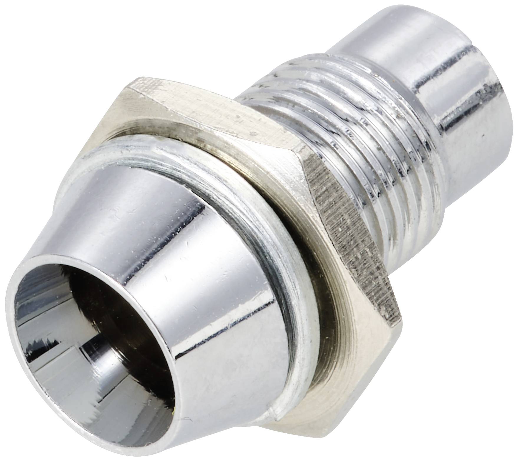 Metal screw connection with hexagonal nut, bright chrome-plated, used for connecting pipes or hoses.
