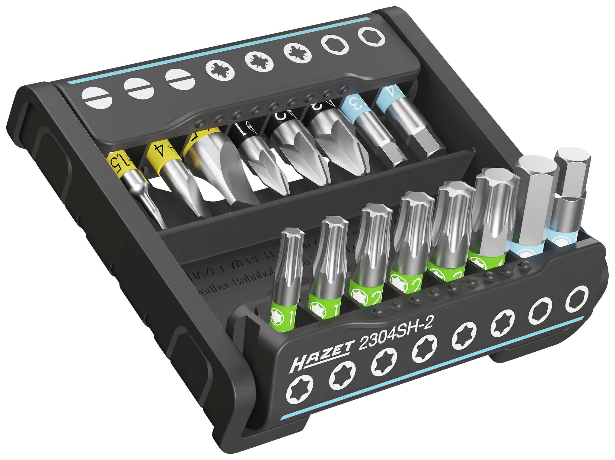 Hazet bit set with various screwdriver bits and sockets in a compact case.