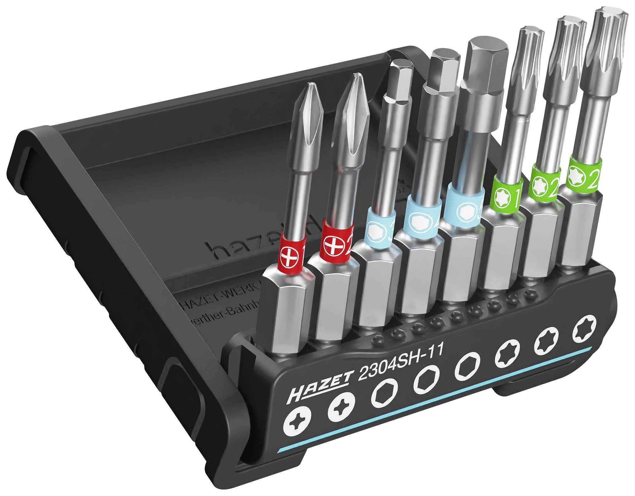 Set of screwdriver bits in a holder. Contains various bit sizes and types, sorted by colour and symbols.