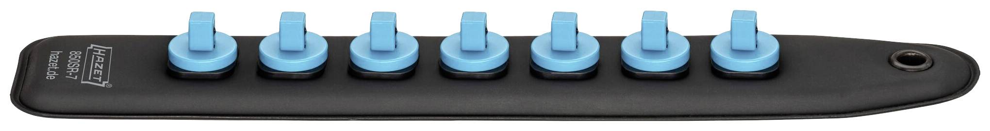 Black power strip with six blue toggle switches, horizontally aligned.