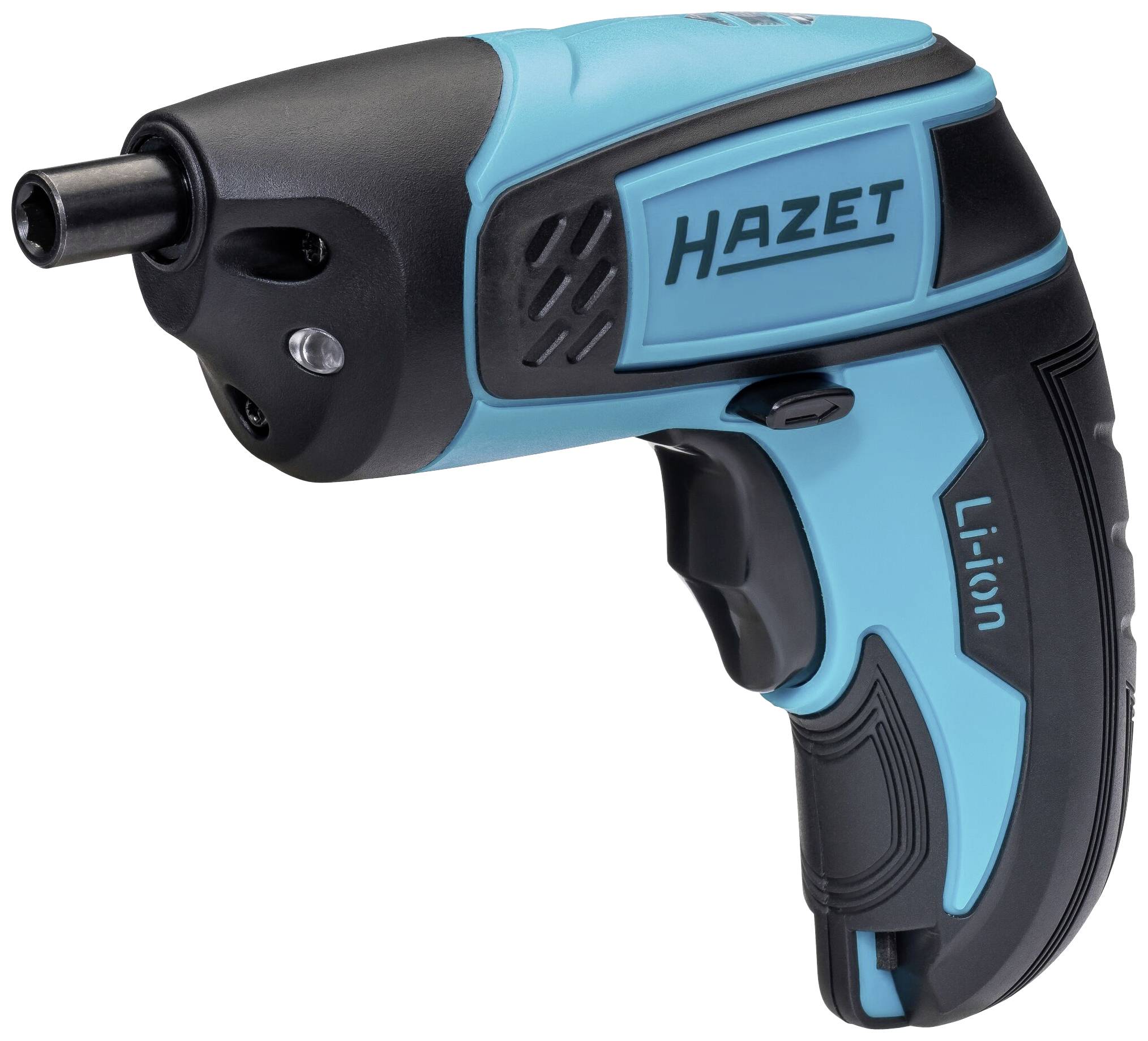 Cordless drill in a blue and black design with 'Hazet' and 'Li-Ion' markings. Compact, ergonomically shaped, wireless operation.