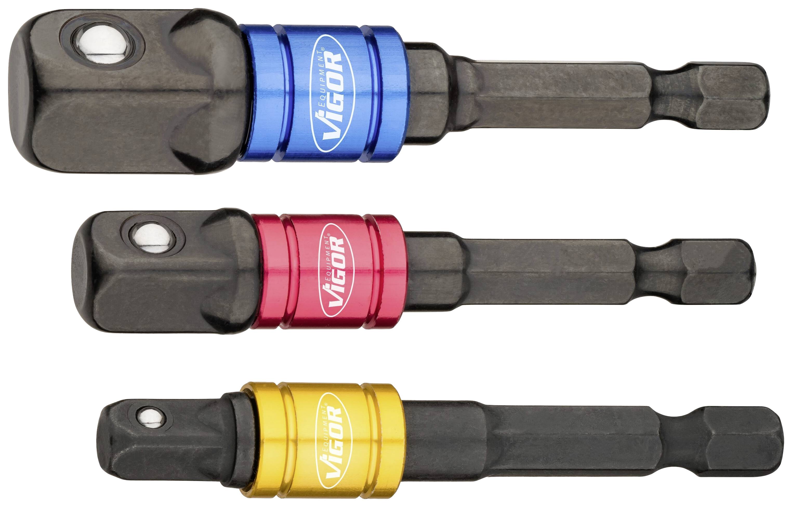 Three adapters with hexagonal shafts in blue, red and yellow, with the inscription 'Vigor'. They are suitable for use with tools.
