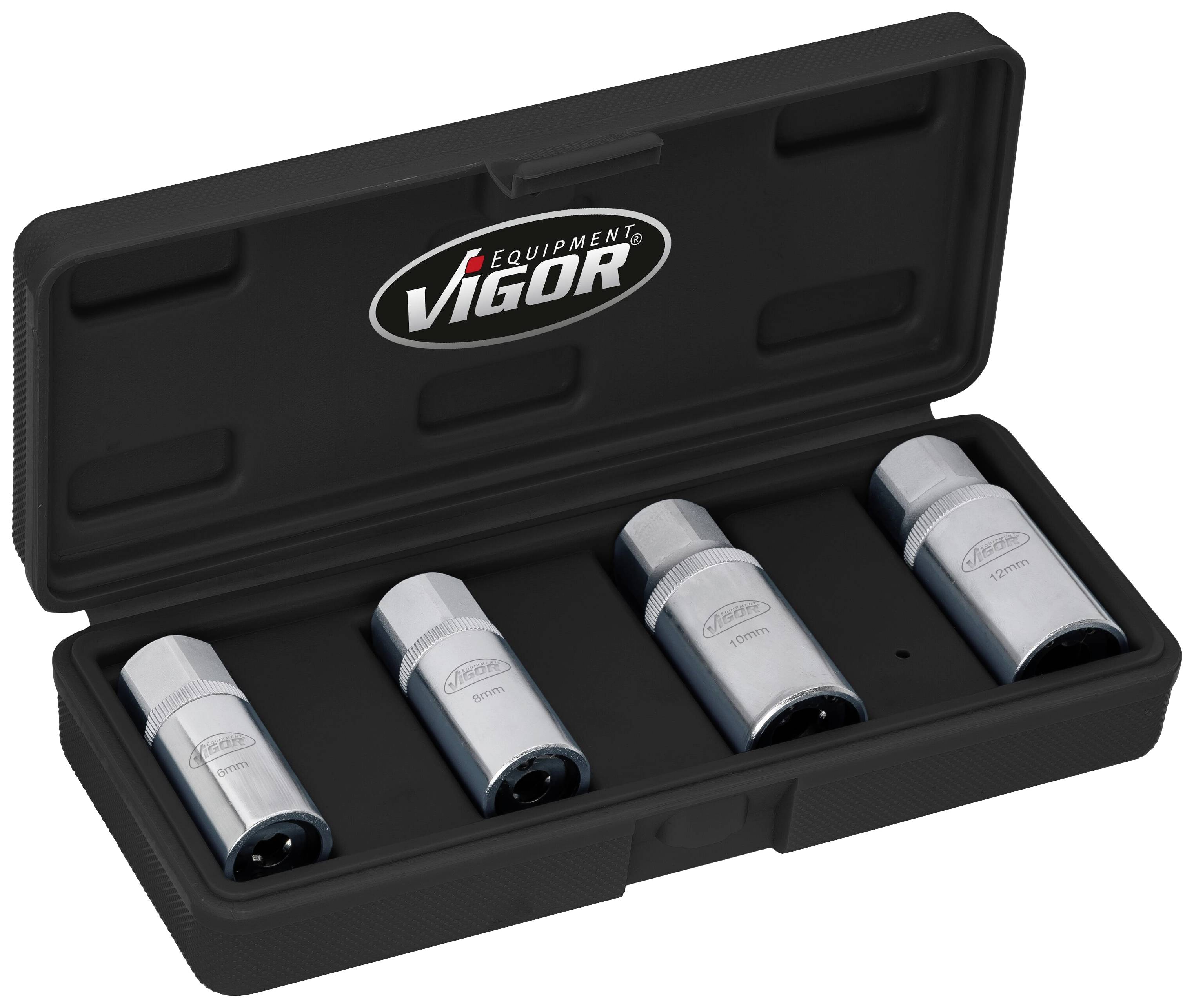A toolbox with an open lid, displaying four silver sockets neatly arranged. The black box bears the 'Vigor' logo.