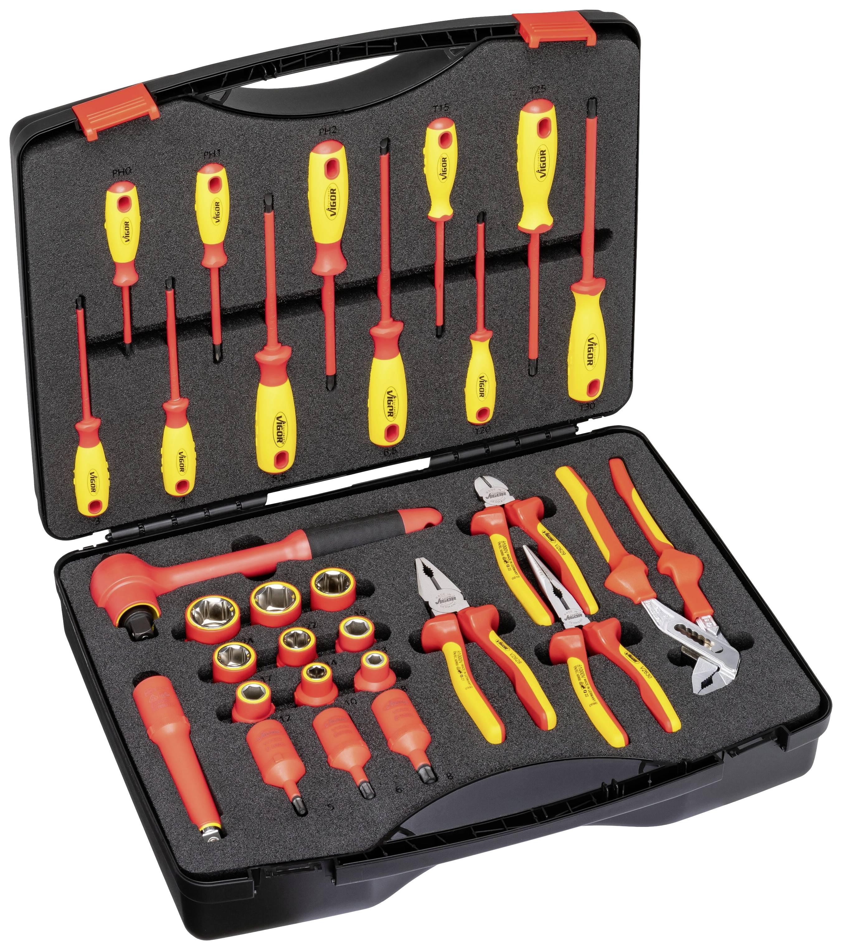 An open toolbox with insulated screwdrivers, pliers, and sockets on a foam insert, suitable for electrical work.
