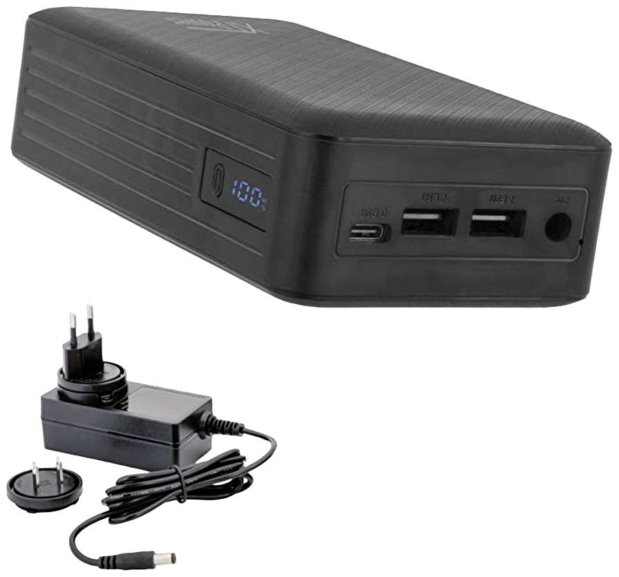 Black power bank with digital display reading '100', two USB ports, and a USB-C port. Charger and adapter beside it.