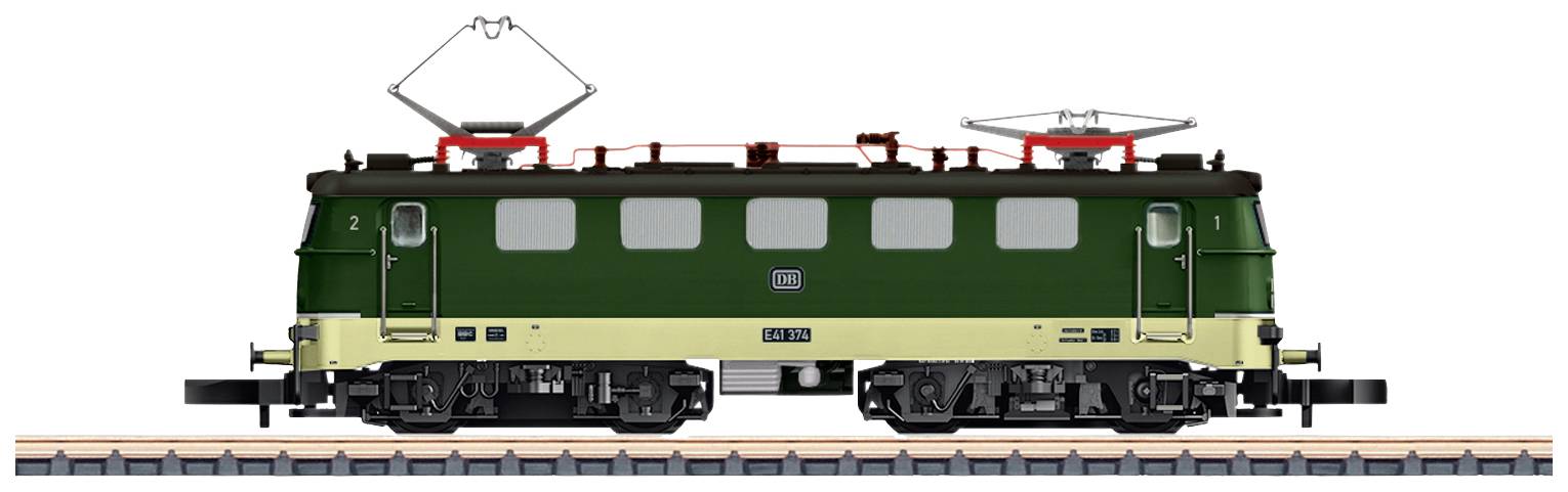 A green electric locomotive on a railway track, viewed from the side, with two pantographs on the roof and eight windows along its side.