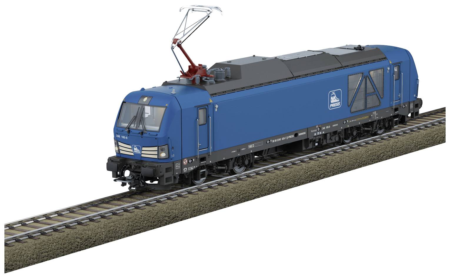 A blue model of an electric locomotive on a railway track, with a red pantograph and company logo on the side.