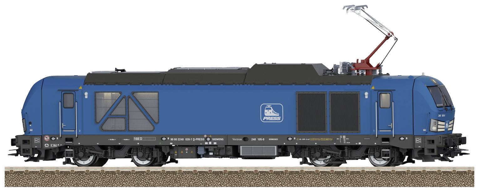 A blue electric model locomotive with an overhead pantograph, positioned on tracks. The marking displays the 'PRESS' logo.