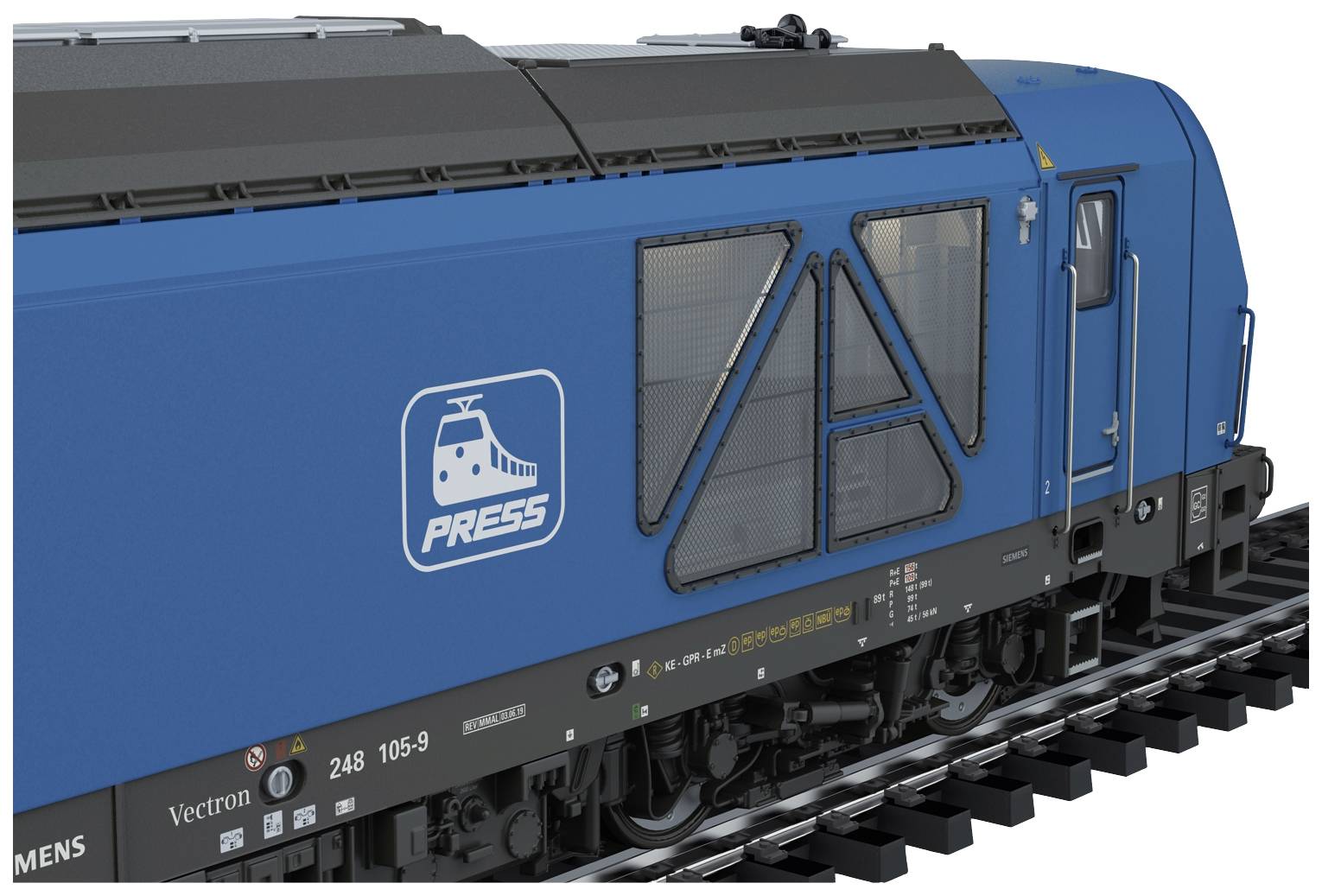 Blue Siemens train on railway tracks, with the 'PRESS' logo and stylised train motif on the side of the locomotive.