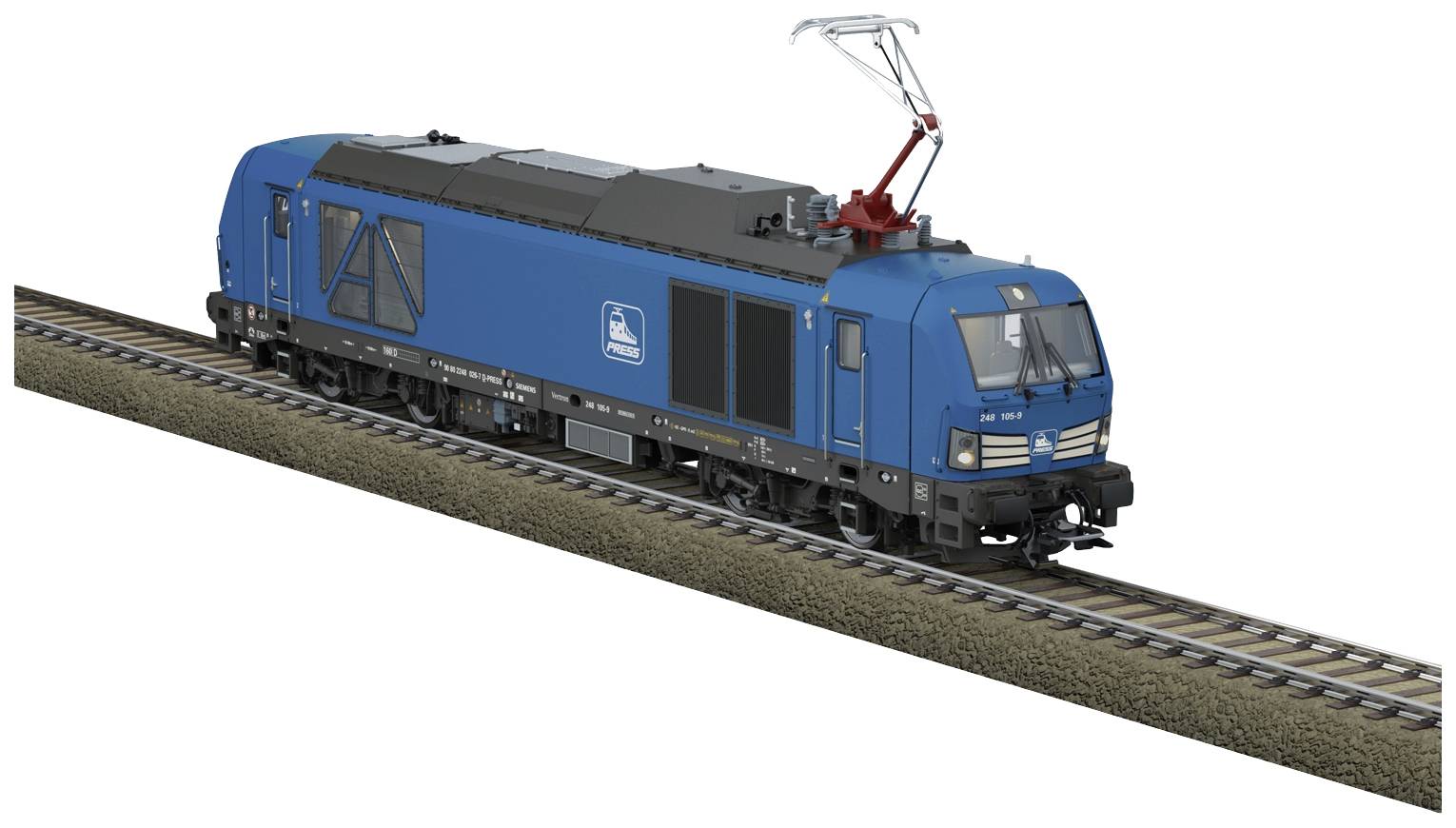 A blue electric train with a pantograph on a railway track. The train has a modern and aerodynamic design.