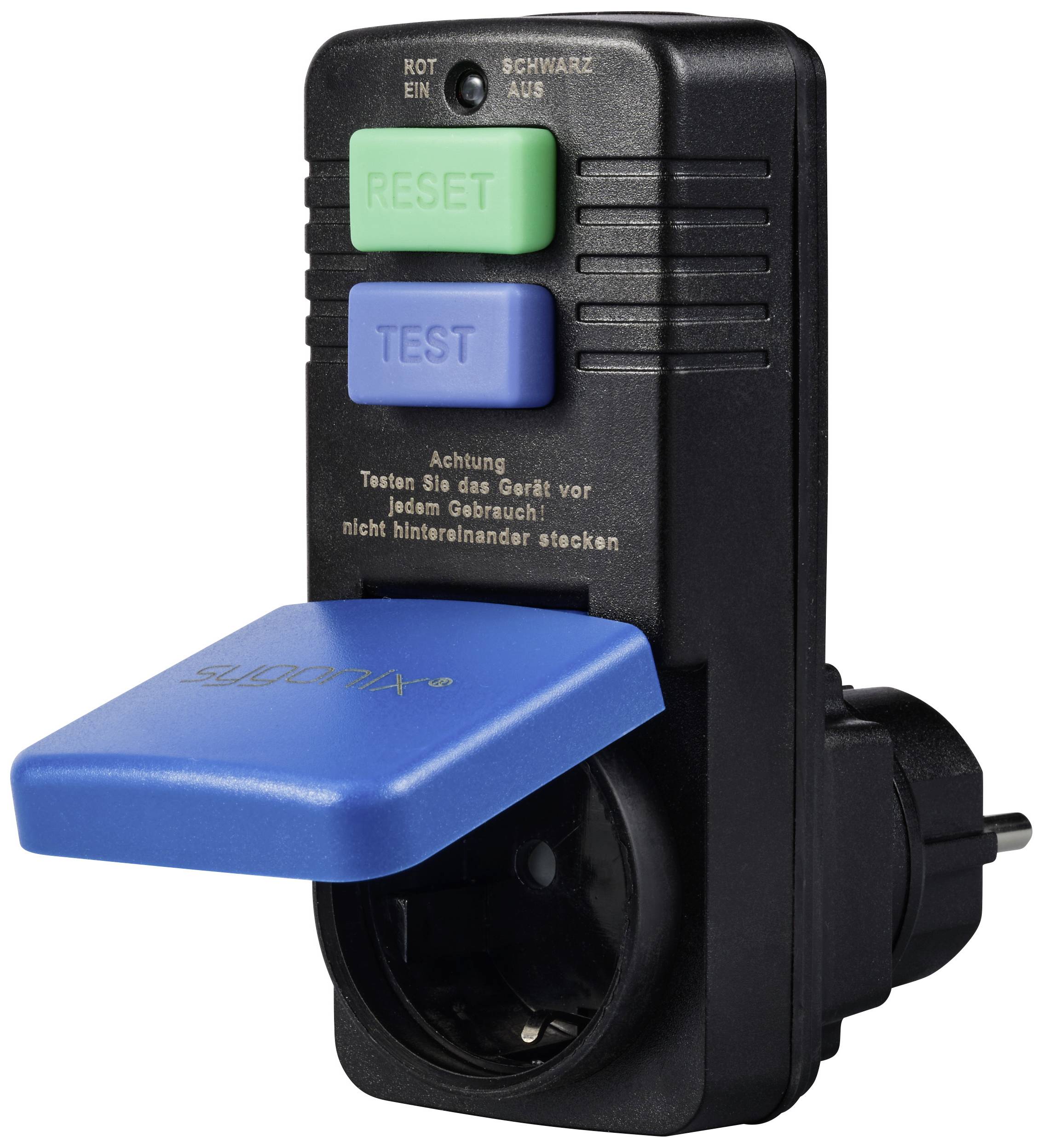 A residual current device (RCD) with a black housing. Green 'RESET' and blue 'TEST' buttons are located on the top. A blue protective cover conceals the socket.