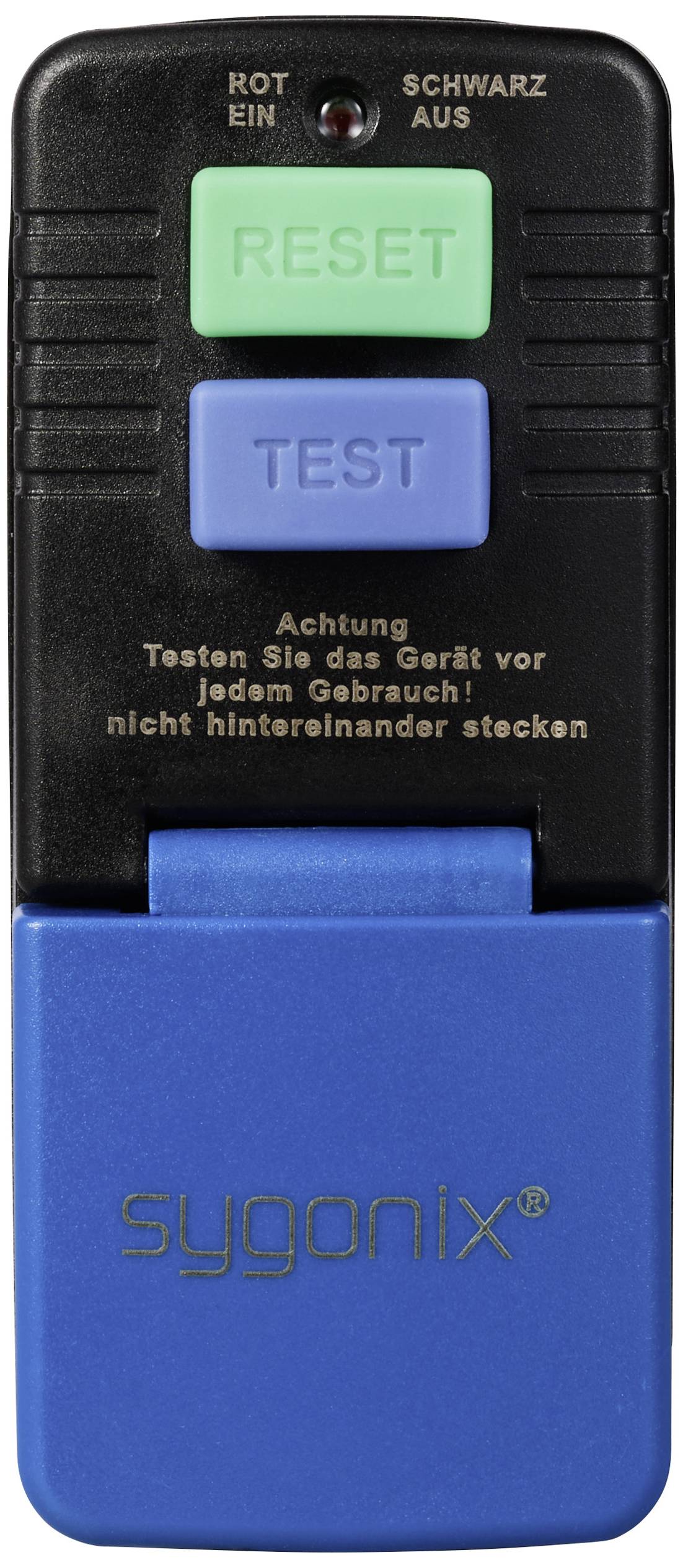 Black and blue socket tester with green 'Reset' and blue 'Test' button, warning notice for use. 'Sygonix' brand.