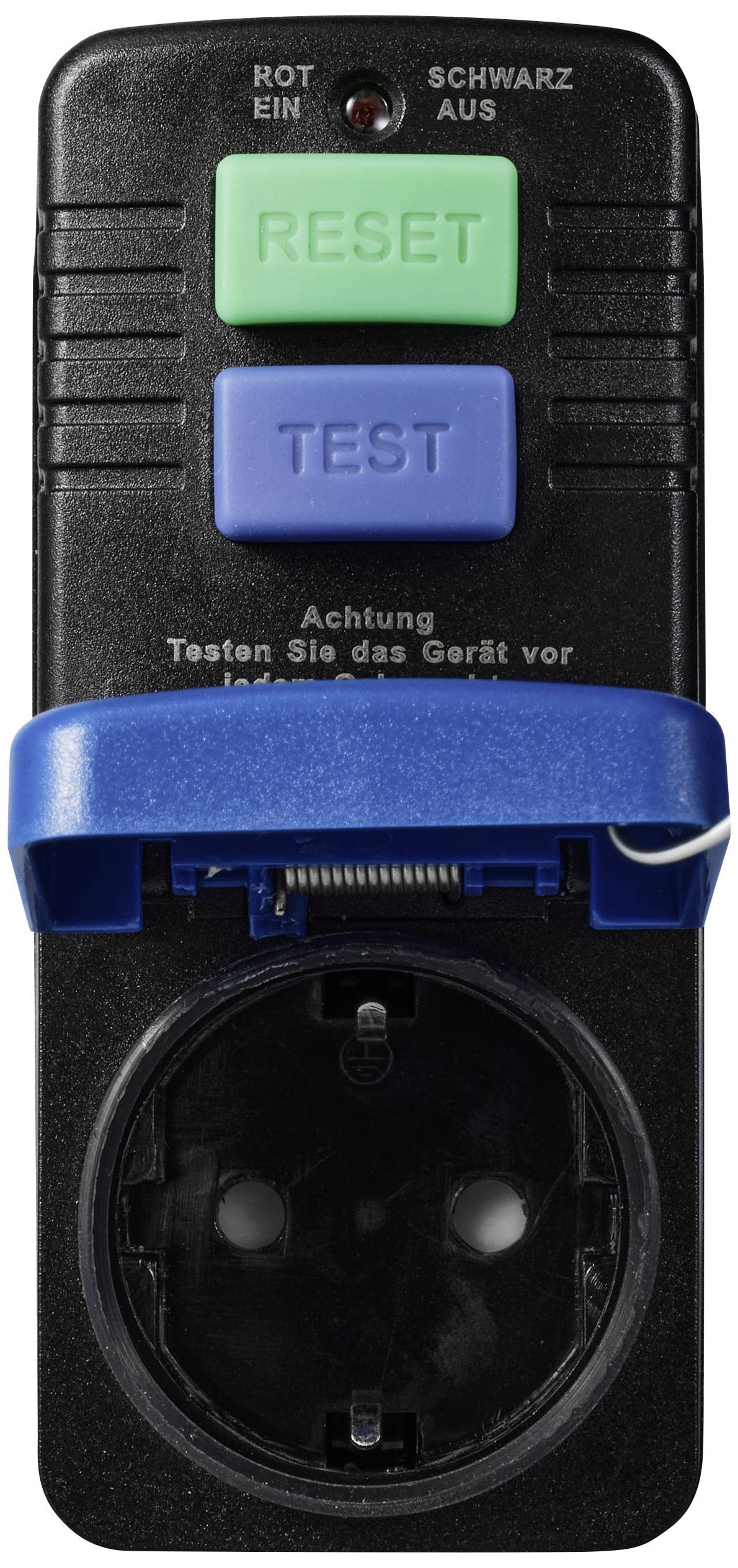A black protective switch with a green 'RESET' and blue 'TEST' button. Indicator lights above: red for 'ON', black for 'OFF'.