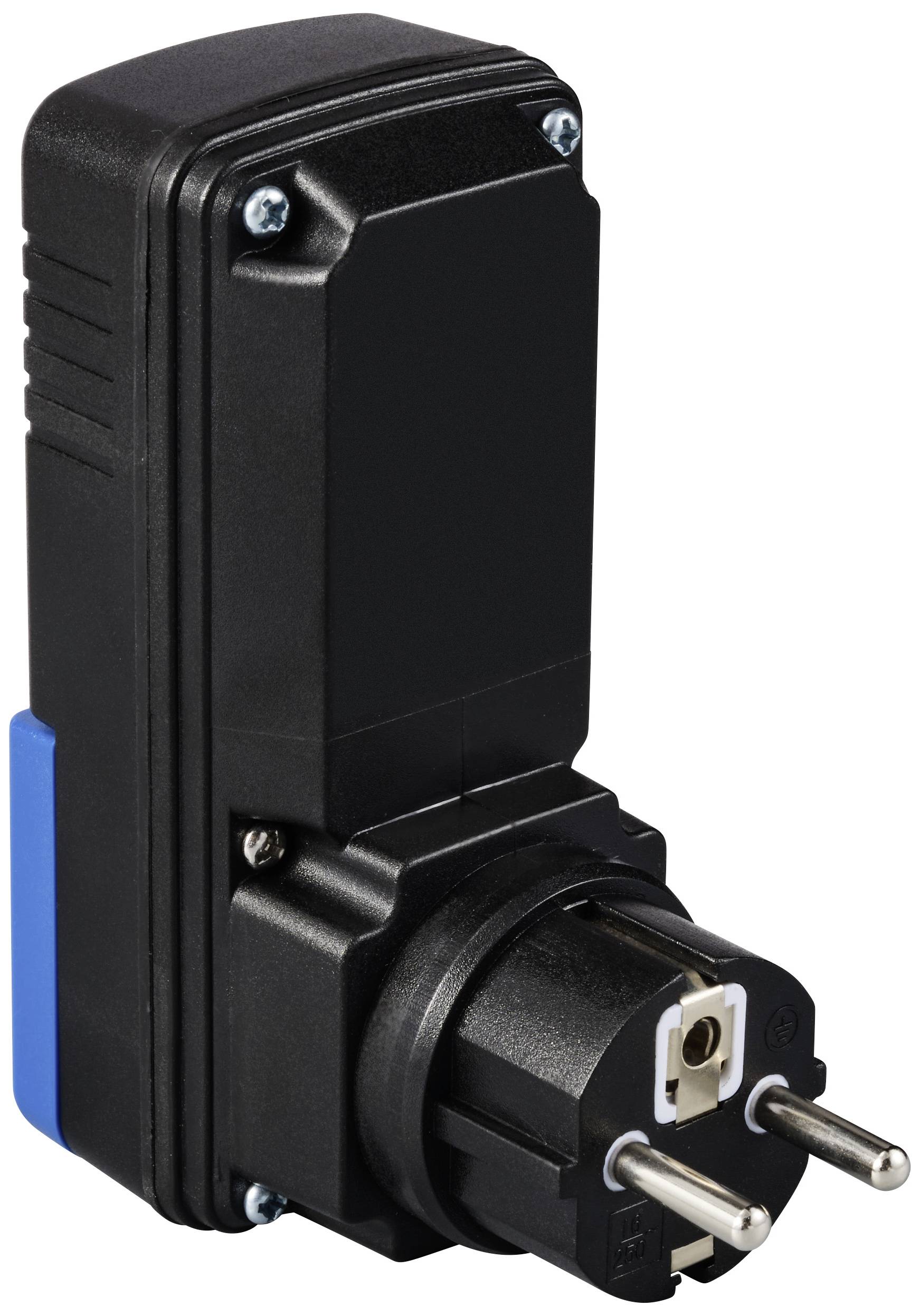 A black, rectangular plug adapter with two silver pins and a blue button on the side.