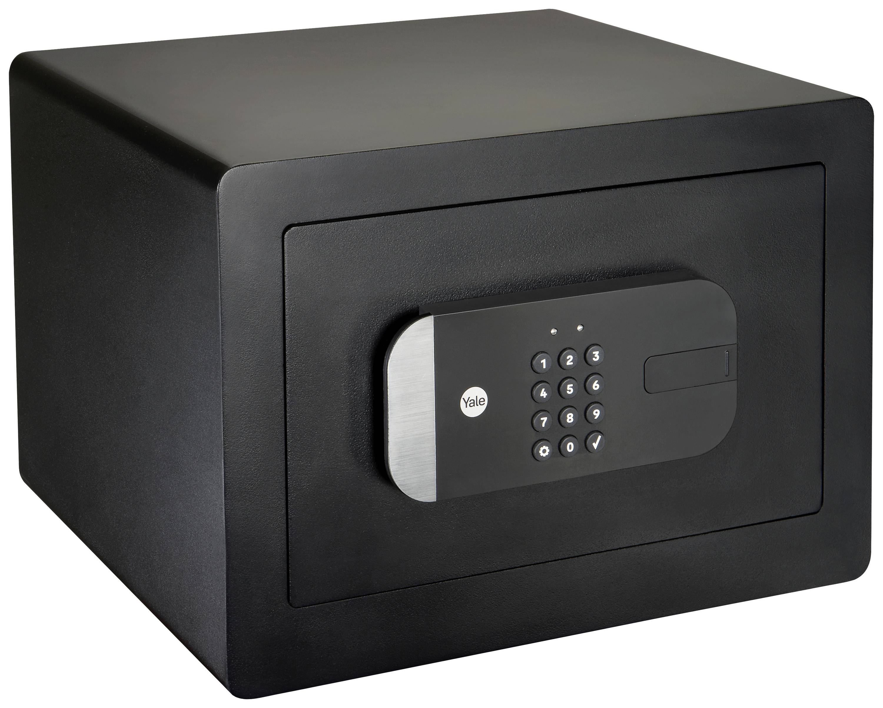 Black electronic safe with keypad on the front.