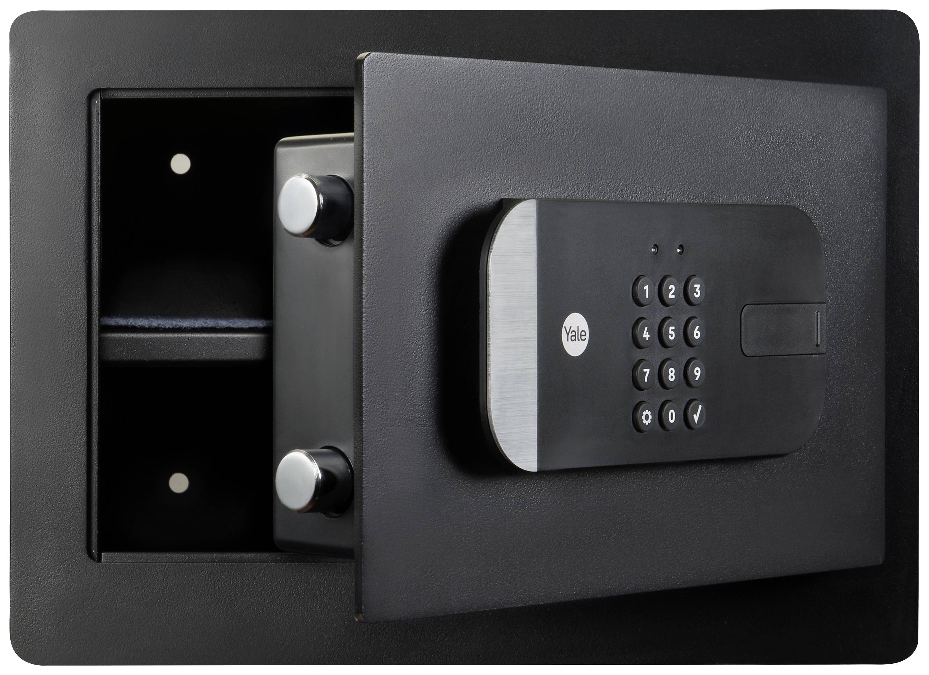 Open safe with digital keypad and rotary bolt mechanism.