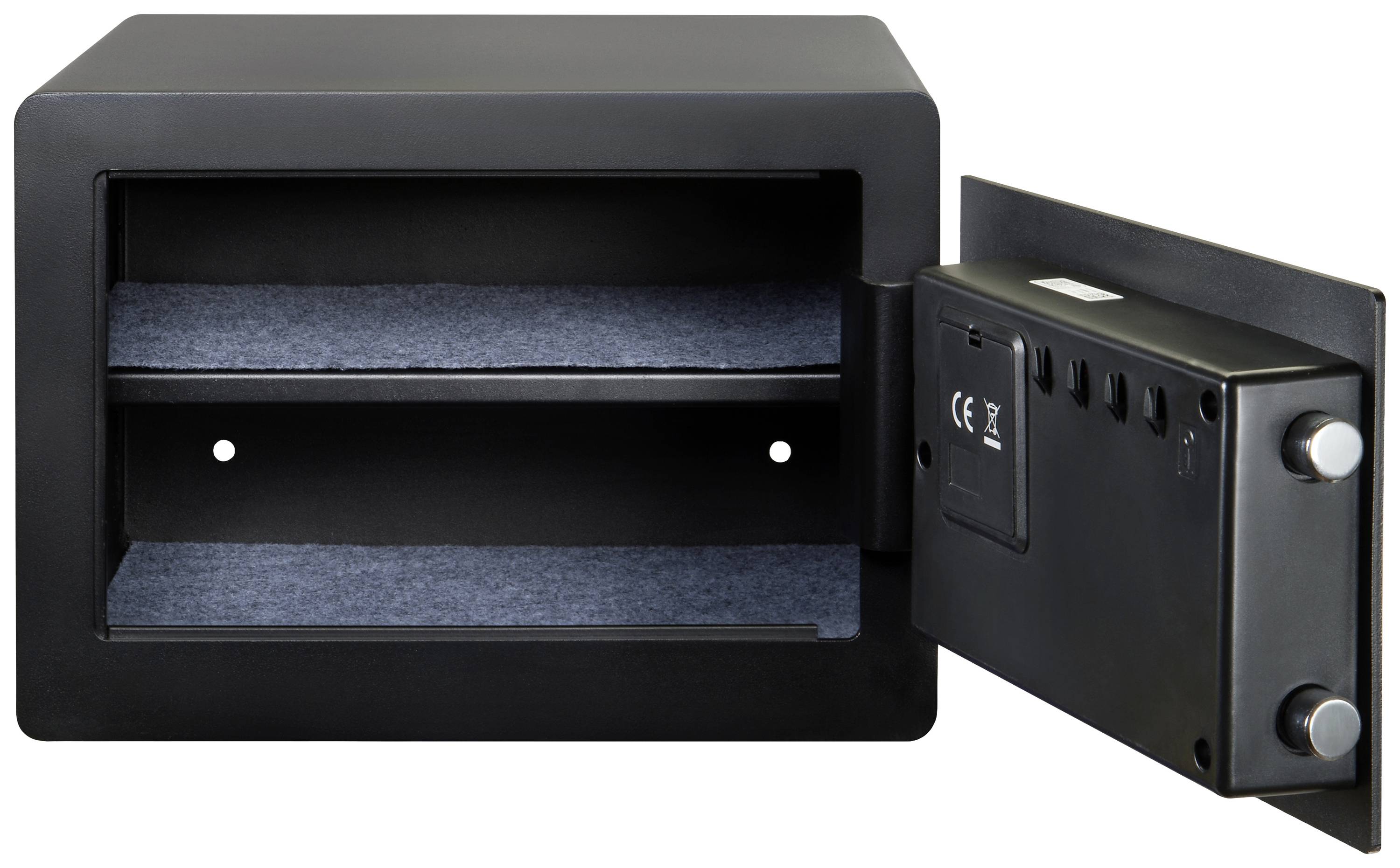 An open safe with two compartments and a padded interior lining. The door is open to the side.