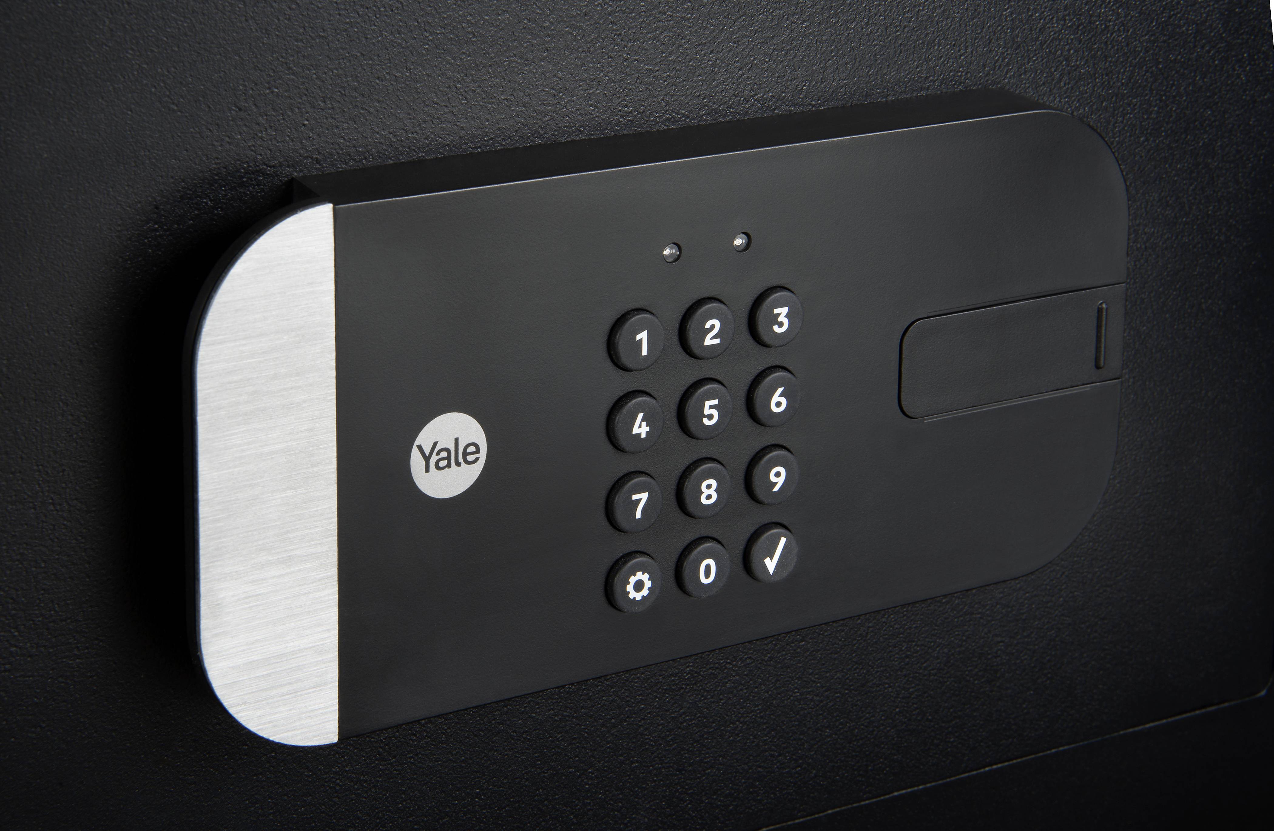 Electronic number lock in black with a keypad and a silver border on a black background.