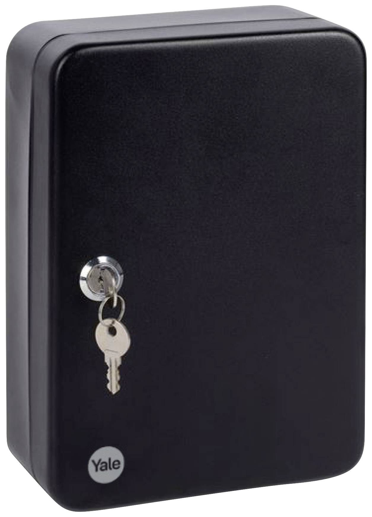 Black key cabinet with chrome-plated lock and key hanging from it, 'Yale' brand logo in the bottom left corner.