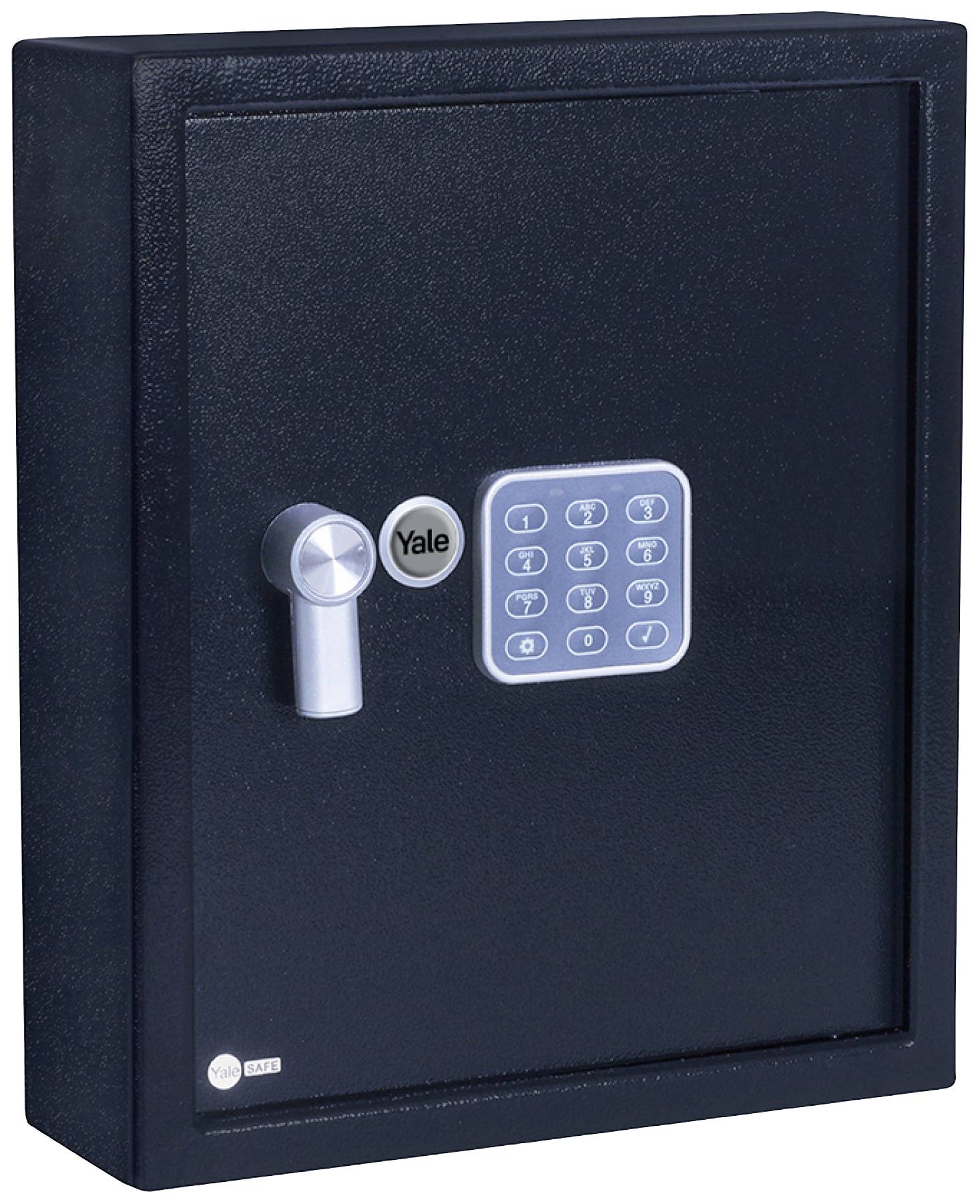 A black electronic safe with a keypad and handle, used for securely storing valuables.