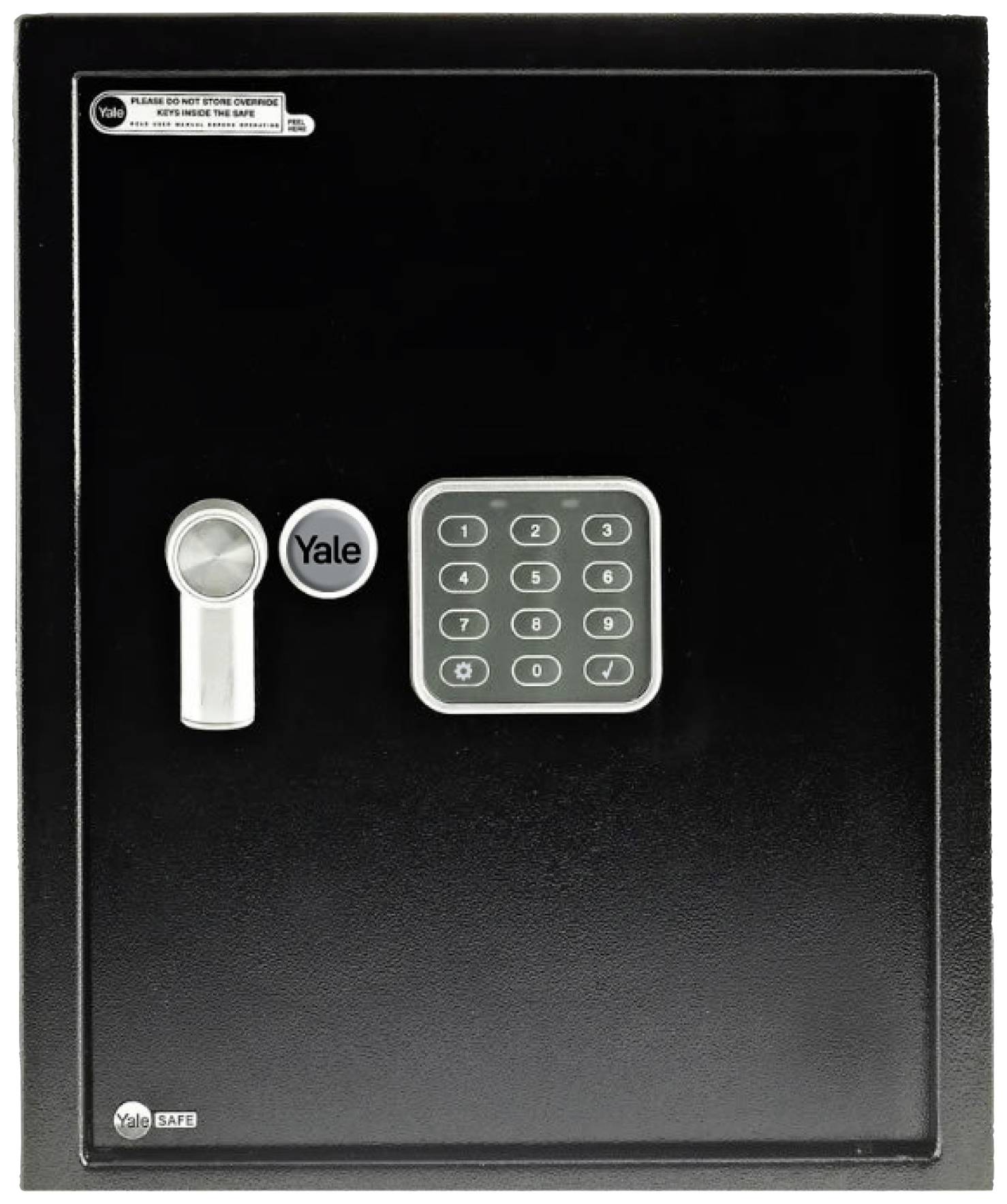 Black safe with digital numerical code lock and rotary handle beside it on the left.