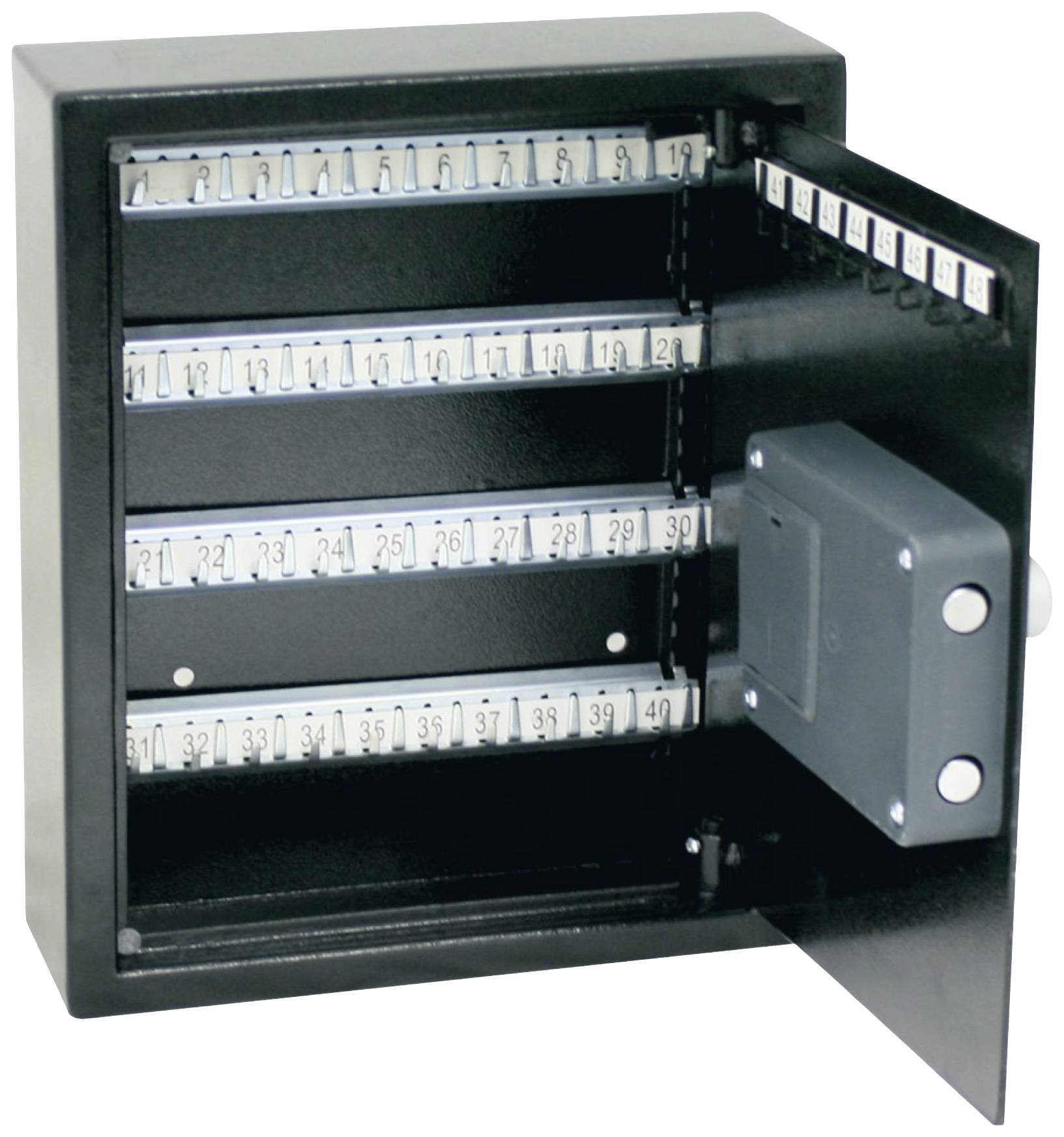 Black key cabinet with an open door, showing numbered key hooks from 1 to 40 across multiple rows inside.