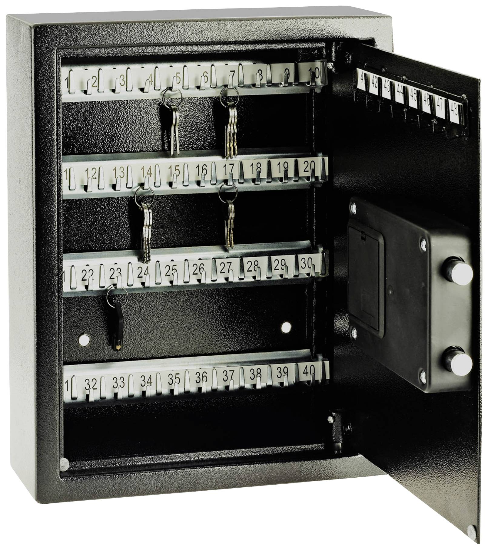 An open key cabinet with multiple numbered hooks, some of which have keys hanging from them. The door is open, revealing the interior of the cabinet.