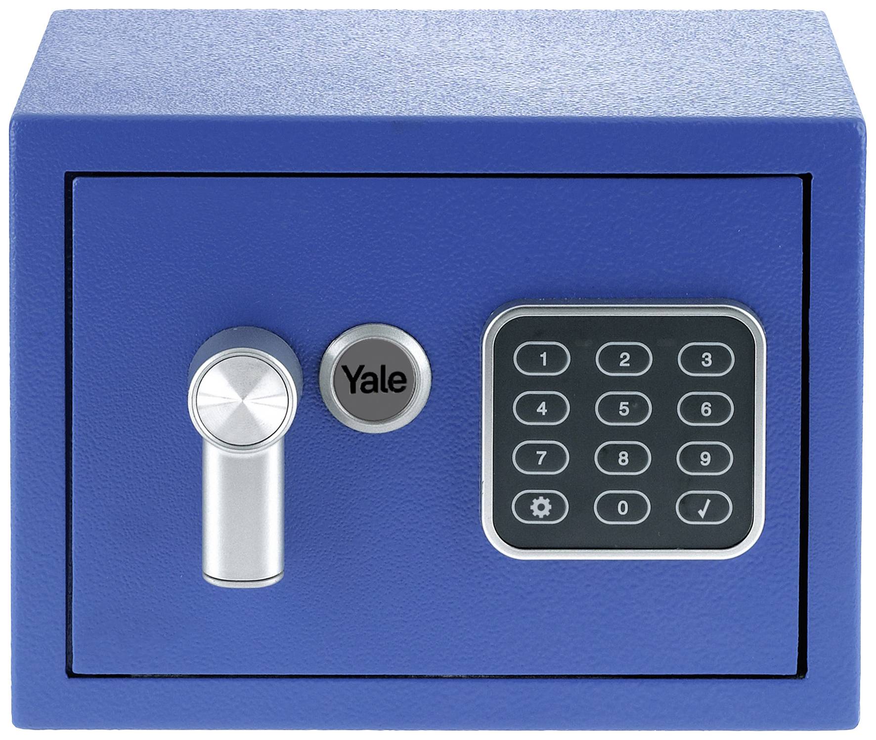 Blue safe with digital combination lock and silver lever handle. Suitable for securely storing valuables.