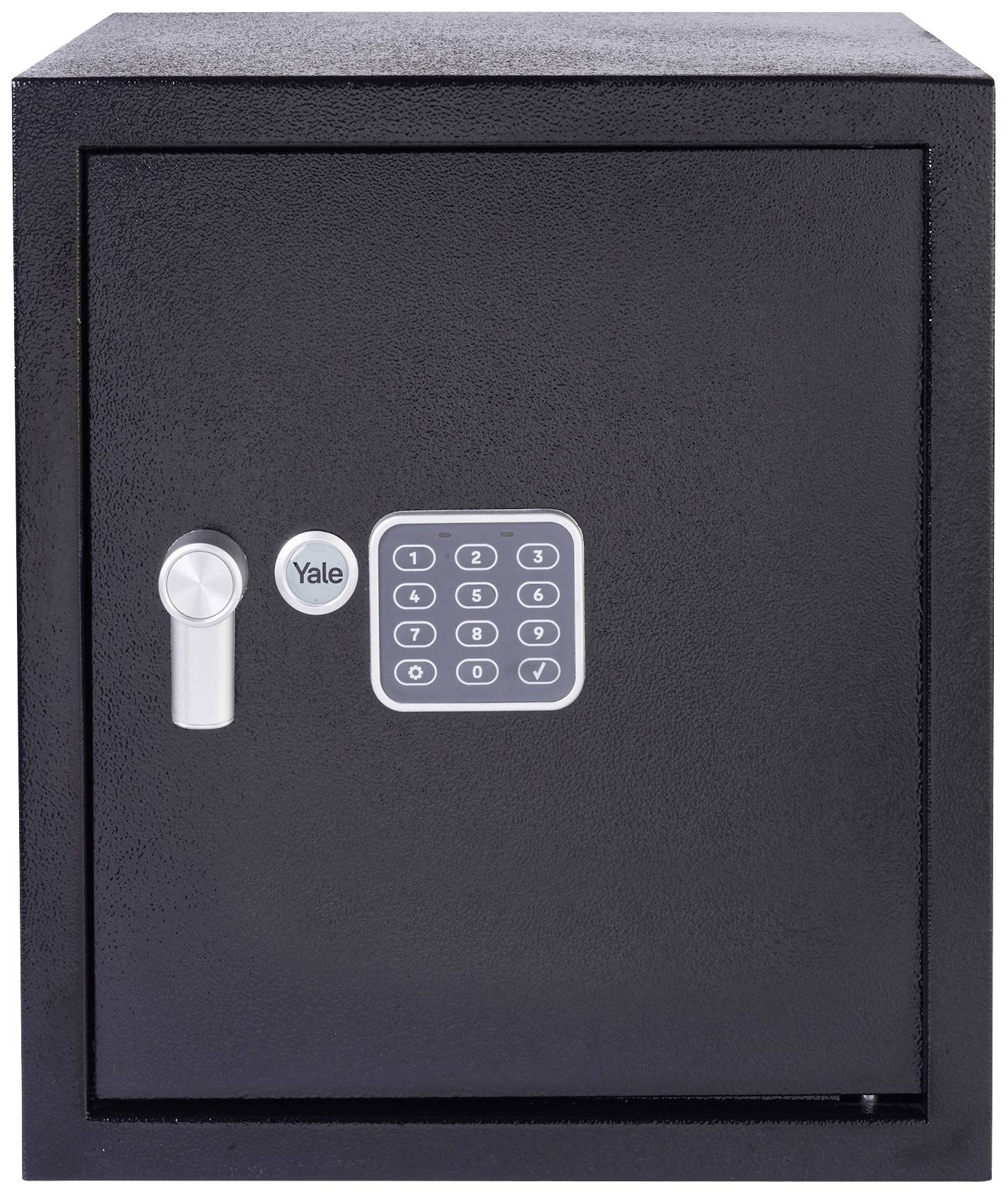 A black safe with a digital keypad lock and rotary handle, suitable for securely storing valuables.