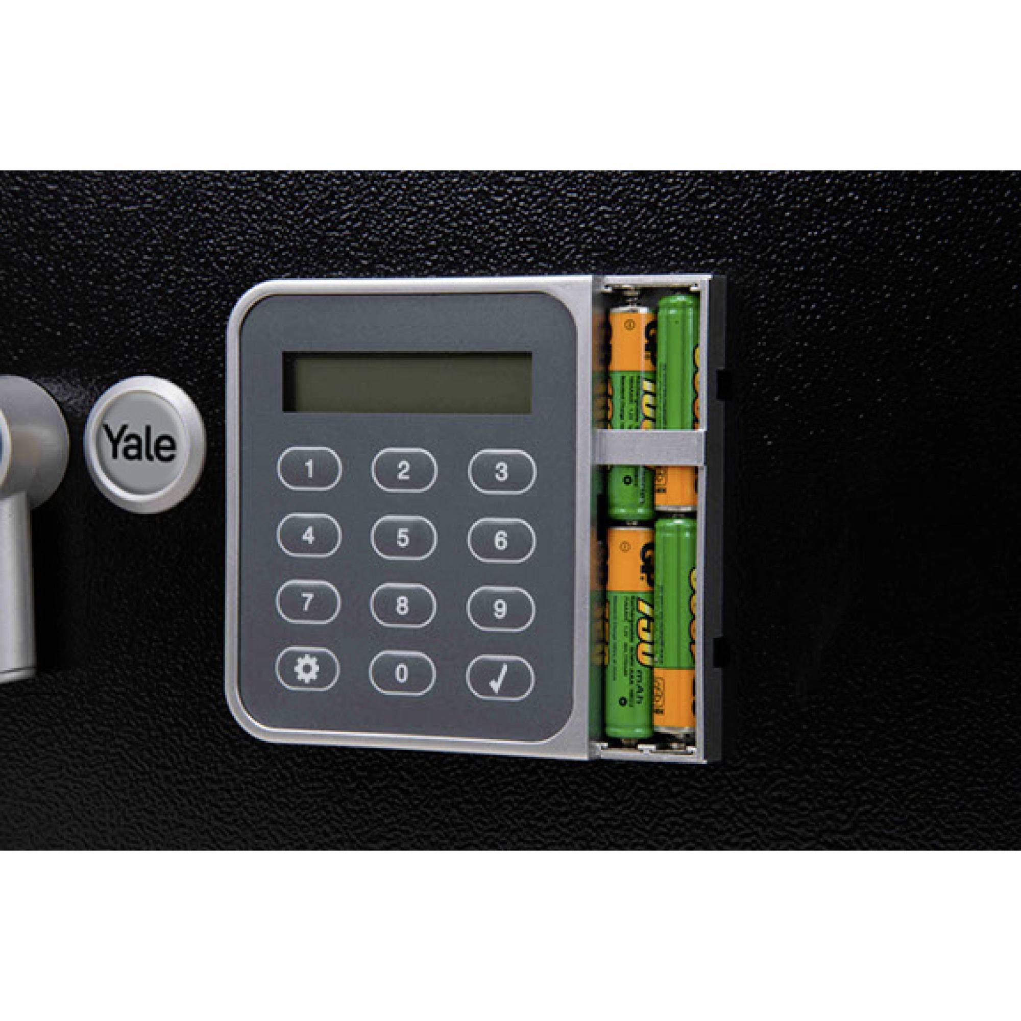 Electronic lock with keypad and open battery compartment cover showing four AA batteries.