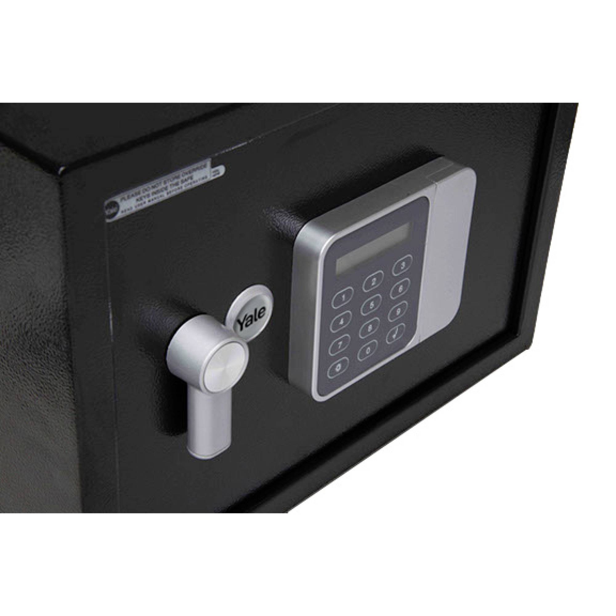 A black safe with a digital keypad and rotary lock is shown in close-up.