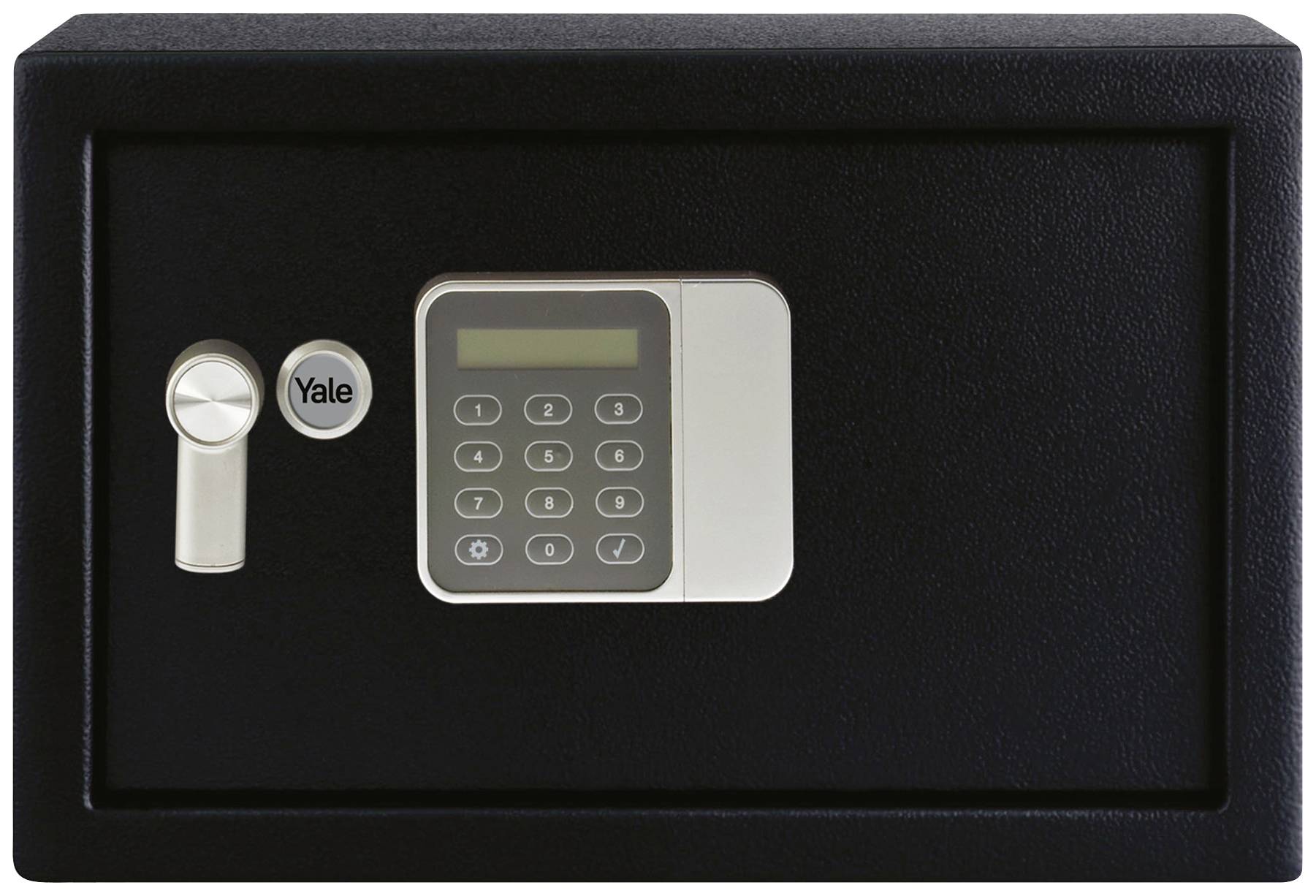 A black safe with an electronic numeric keypad and a mechanical lock on the left-hand side.