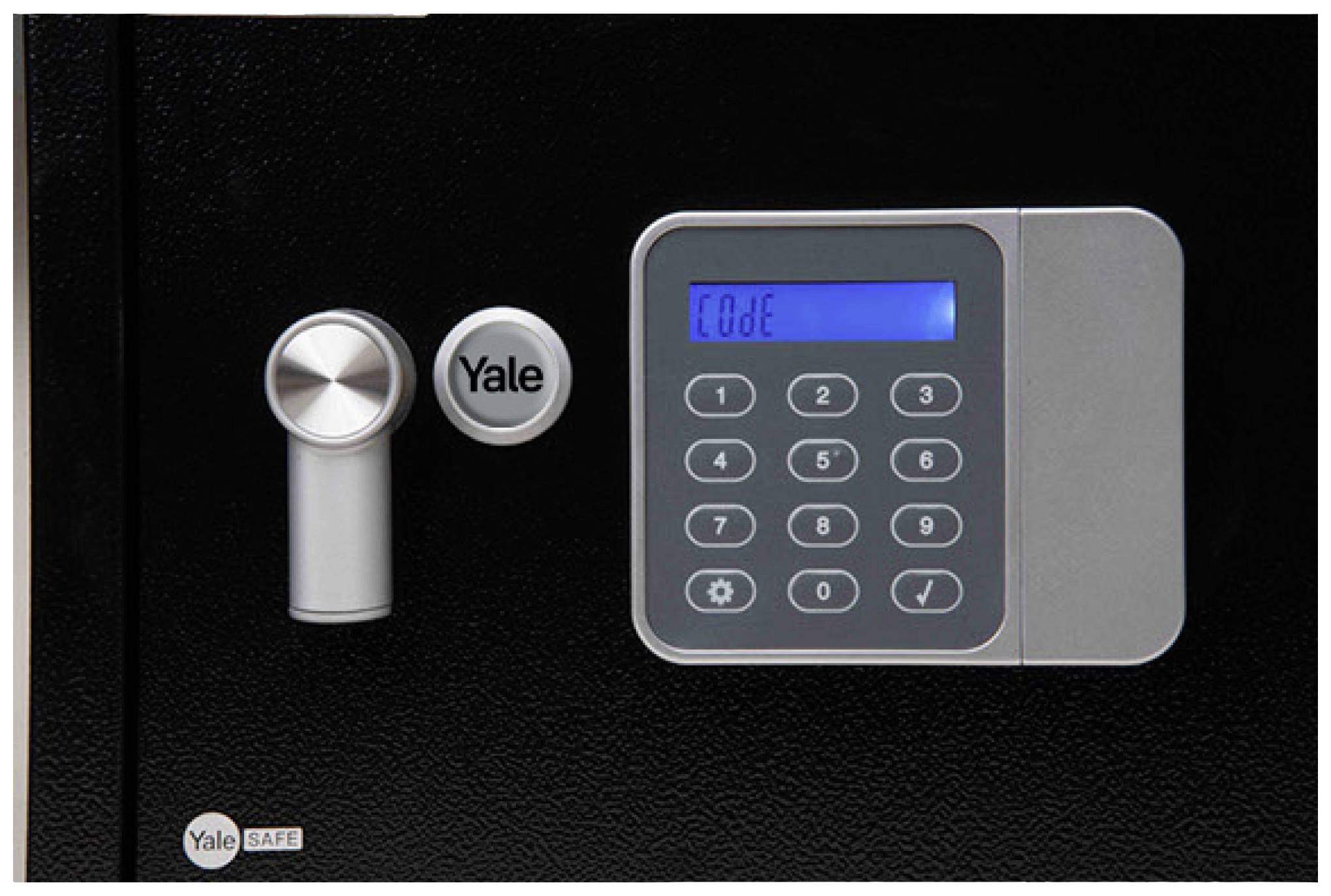 A black digital safe with a silver rotary handle and a keypad displaying 'Code'.